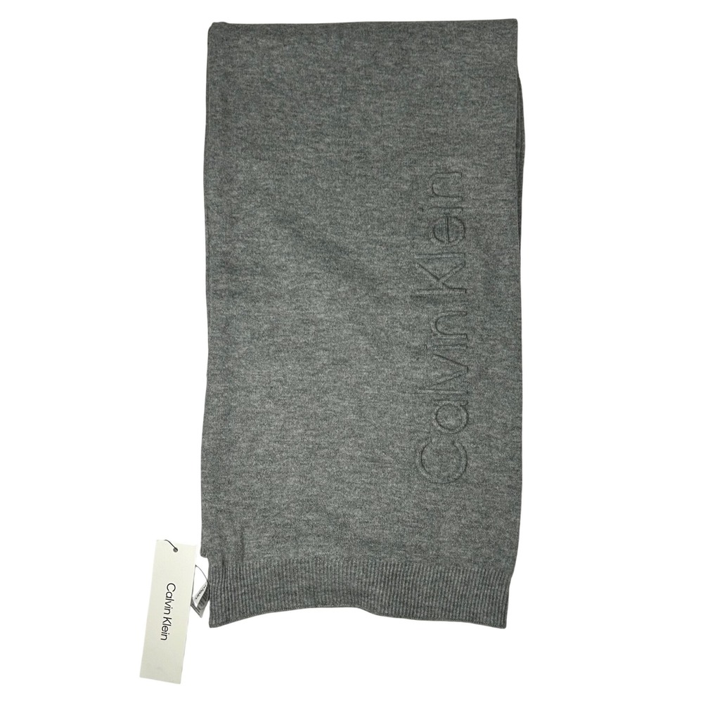 Calvin Klein Womens Heather Gray Knit Scarf Debossed Logo‎ NEW